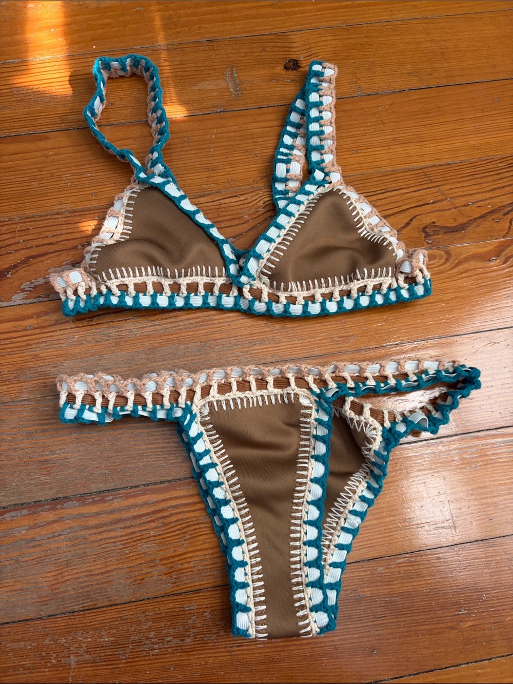Luxsea Tab Crochet-Trim Triangle Bikini Set in Brown and Teal size small